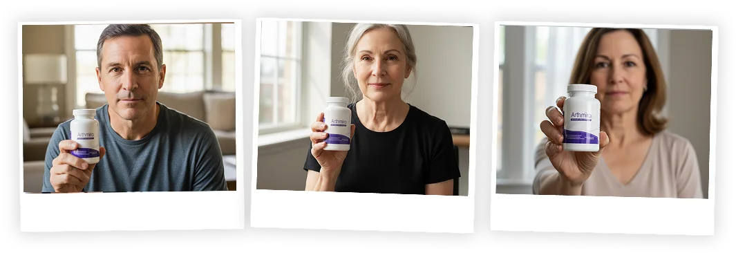 ArthMira customers holding their joint support bottles at home