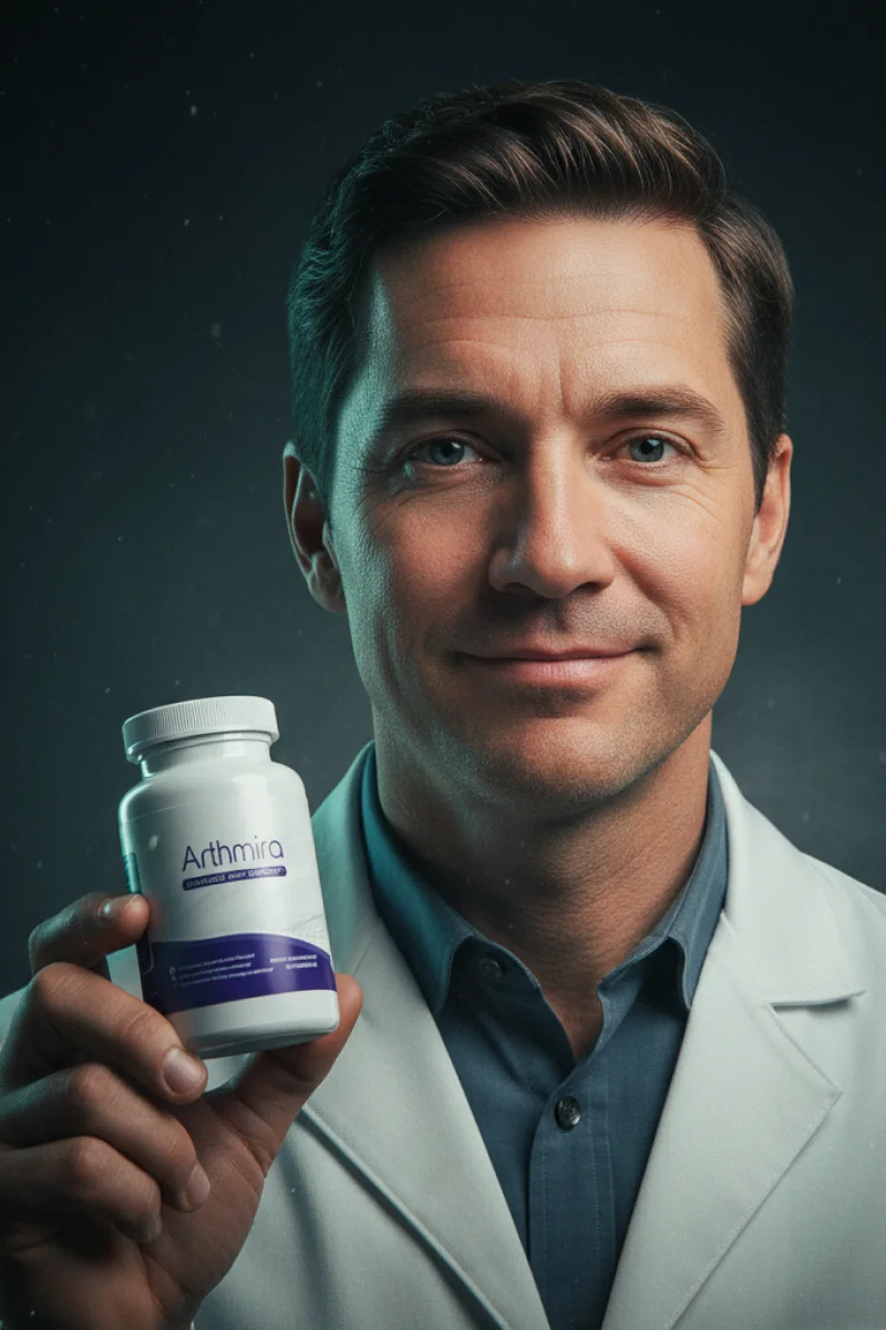Health professional in a white coat holding a bottle of ArthMira joint support capsules