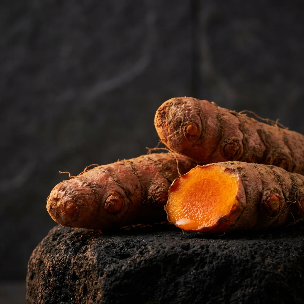Fresh turmeric roots with a cut cross-section on dark stone