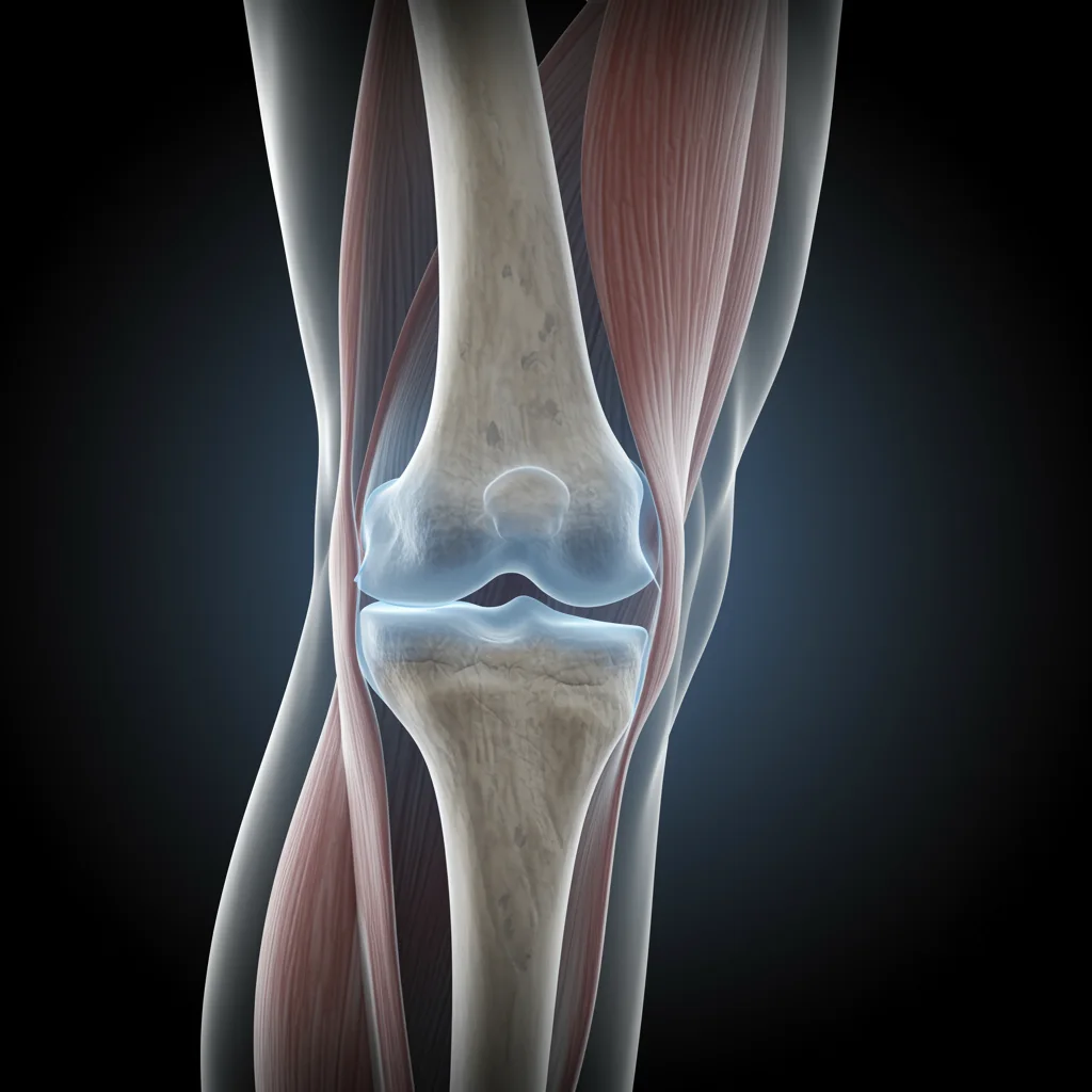 Anatomical close-up of a healthy knee joint with cartilage between the bones
