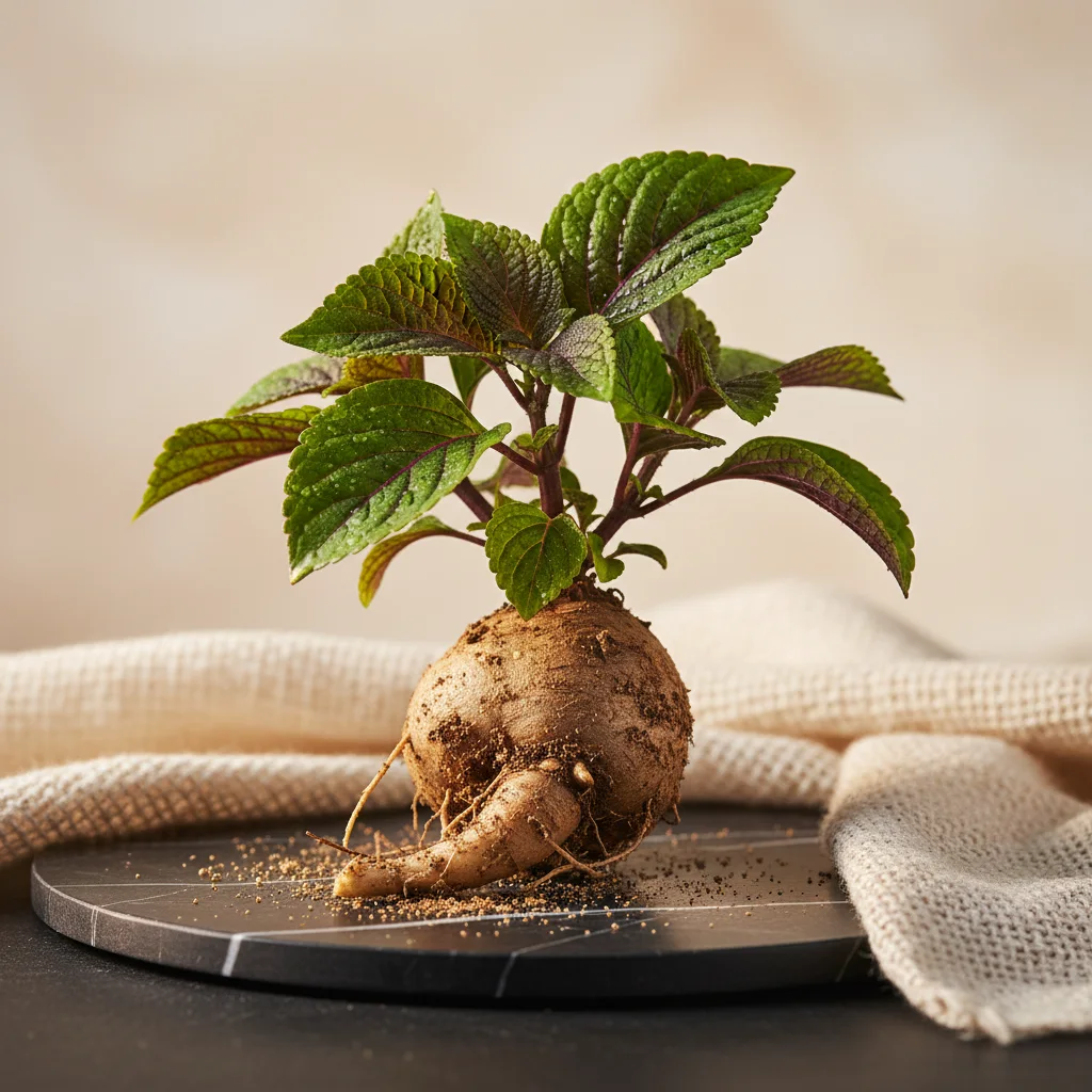 Fresh botanical root on natural cloth representing coleus forskohlii