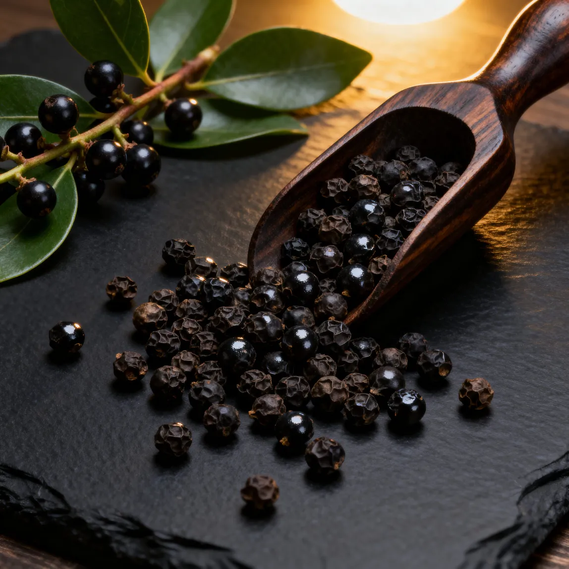 Black peppercorns with a wooden scoop on dark slate