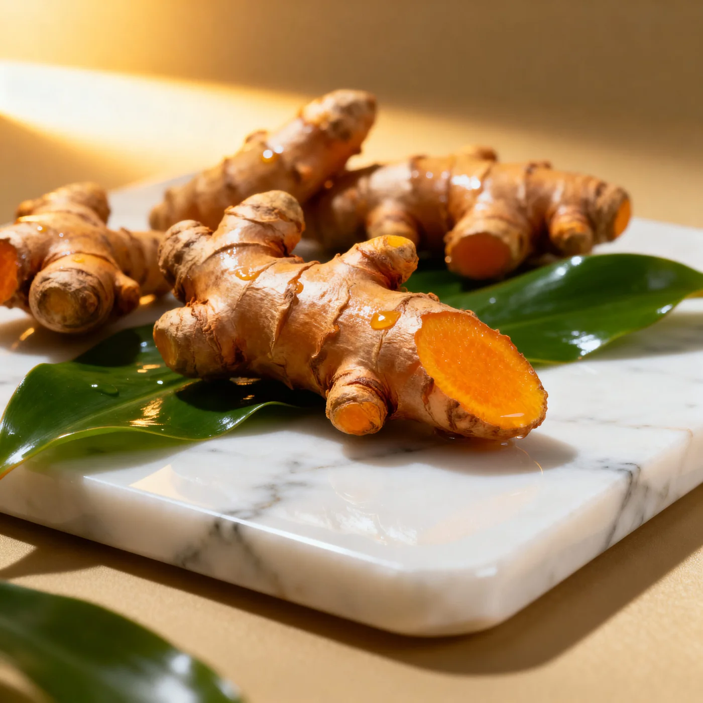 Golden turmeric root on marble representing standardized curcumin