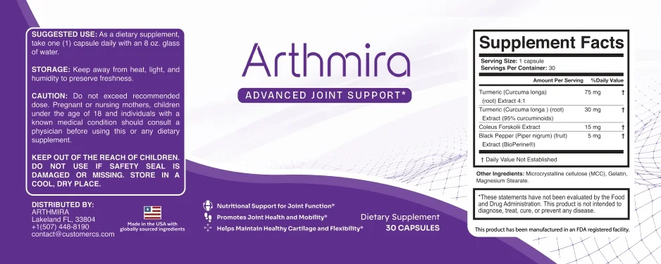ArthMira Supplement Facts label showing turmeric, curcumin, coleus forskohlii and BioPerine amounts